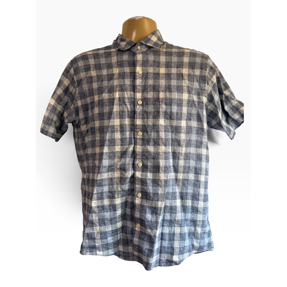 Peter Millar Mens Blue White Plaid Linen Blend Short Sleeve Button Down Shirt M